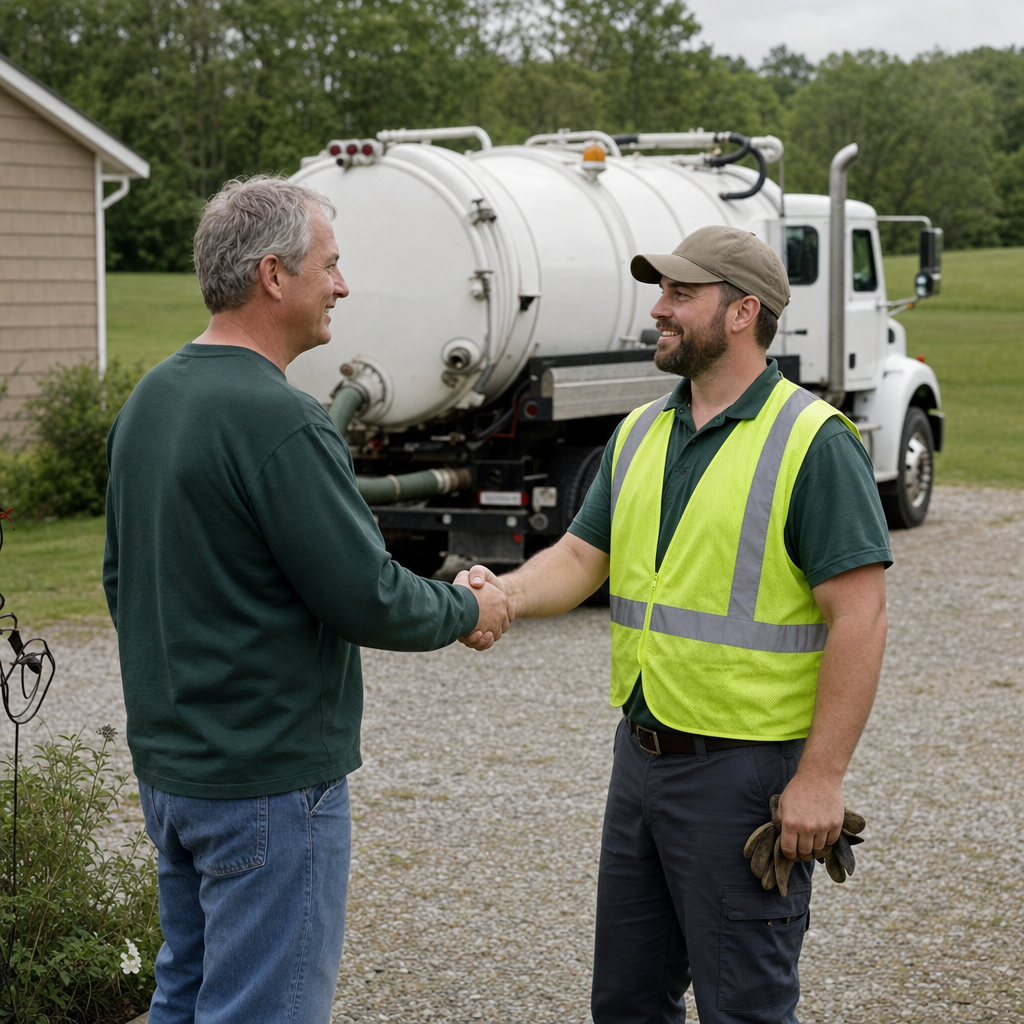 A septic technician shaking a New Brunswick homeowner's hand beside the service truck after a completed pump-out