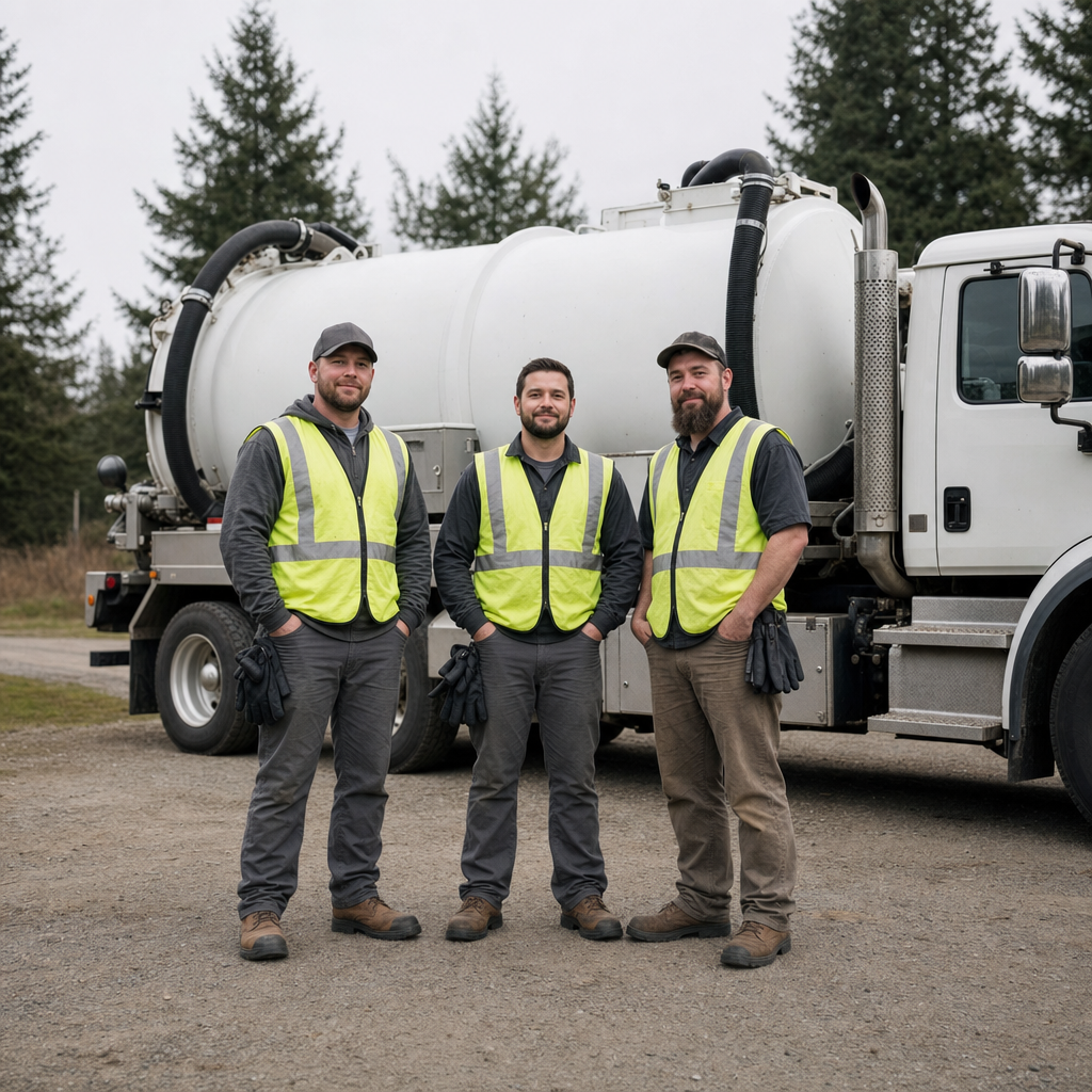 The New Brunswick septic pumping crew standing together beside their clean white vacuum truck on a residential street