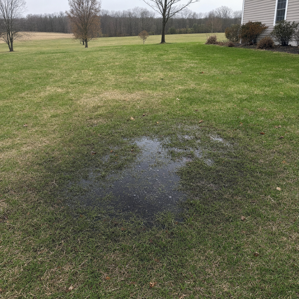 A dark, saturated wet spot in a New Brunswick backyard lawn marking a failing cesspool at capacity
