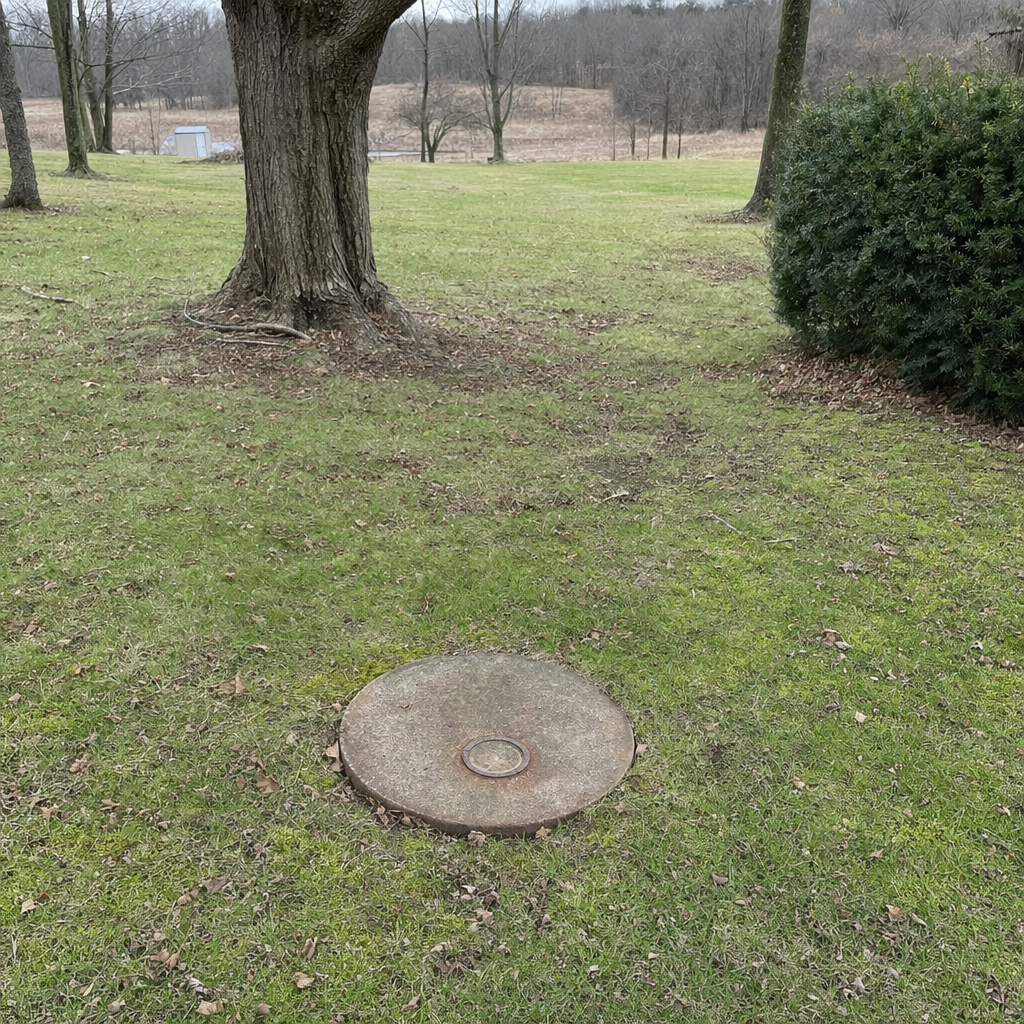 An older round cesspool access lid set flush in an established, mature New Brunswick backyard lawn