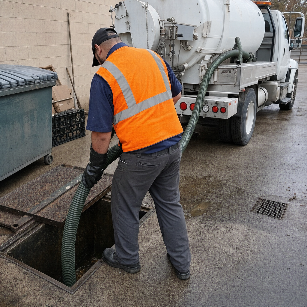 Technician pumping a grease trap behind a New Brunswick restaurant
