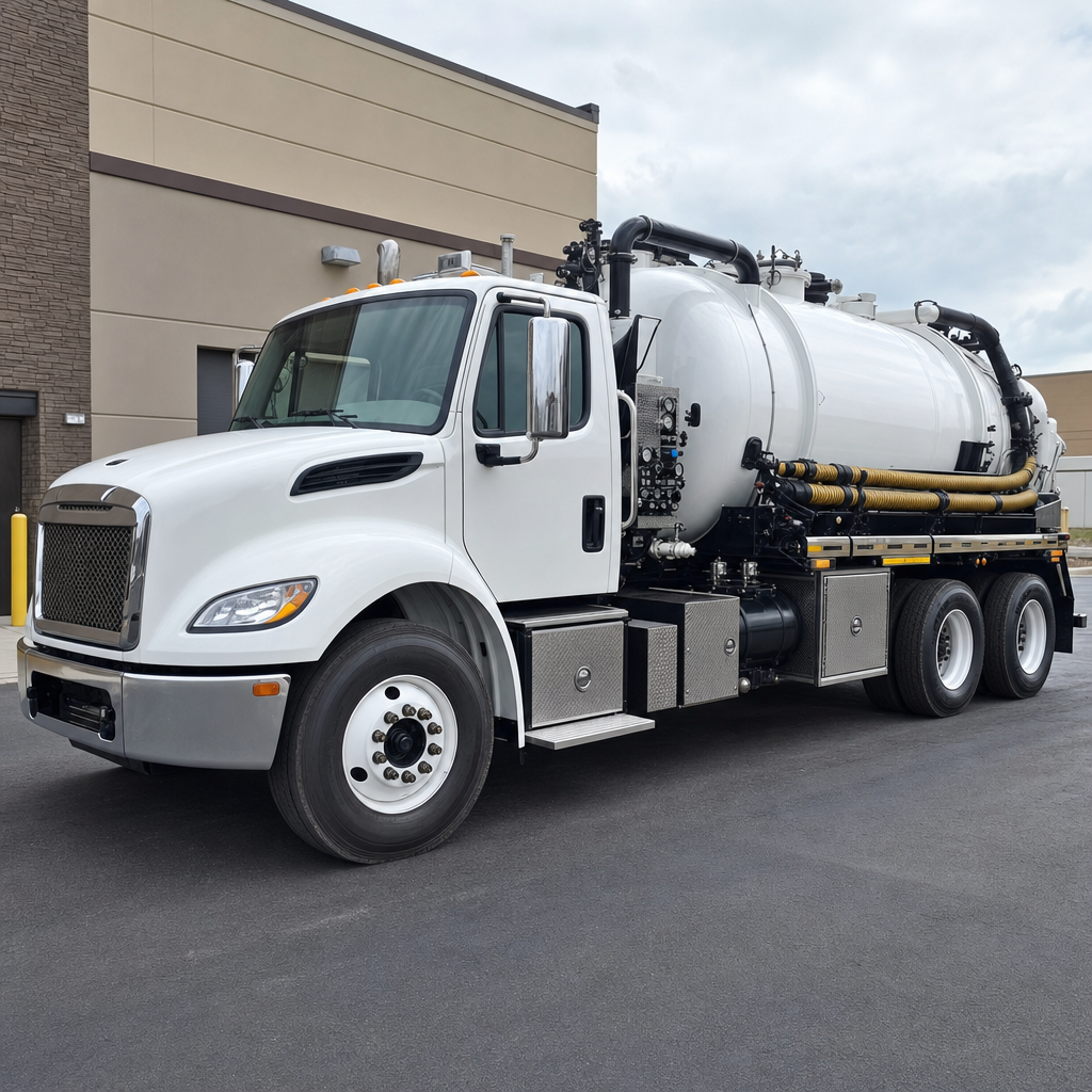 Commercial septic vacuum truck parked in a New Brunswick business parking lot