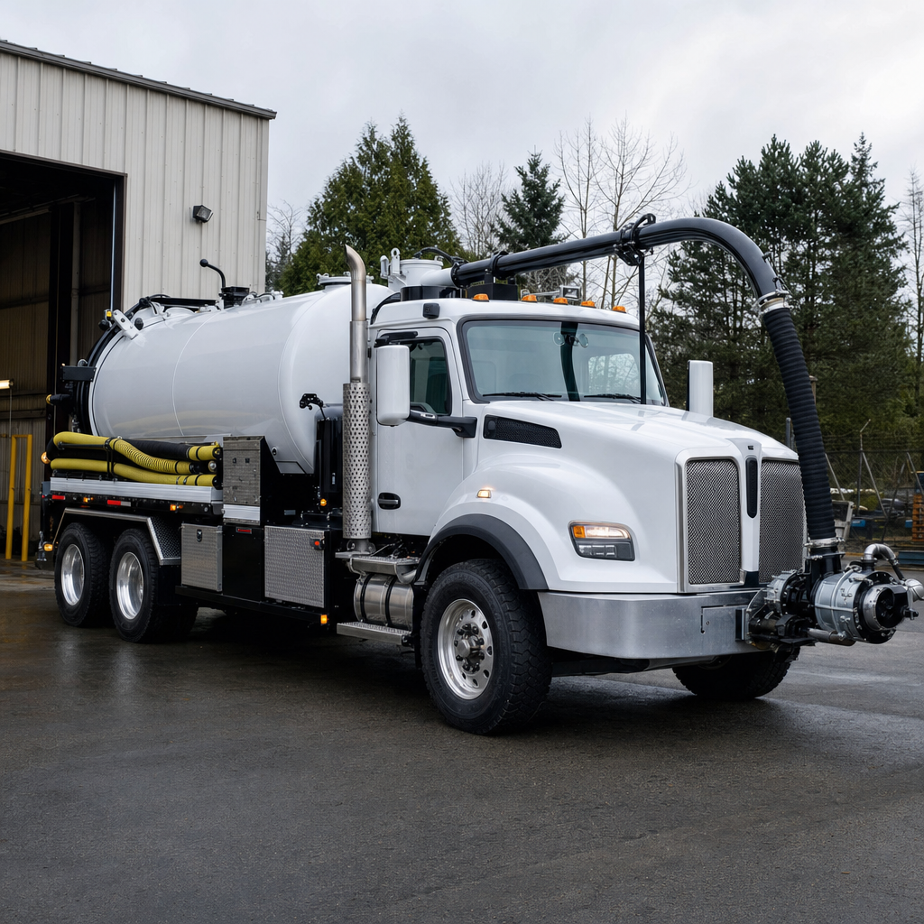 A clean white septic vacuum truck rolling out of a tidy New Brunswick service depot at the start of the day