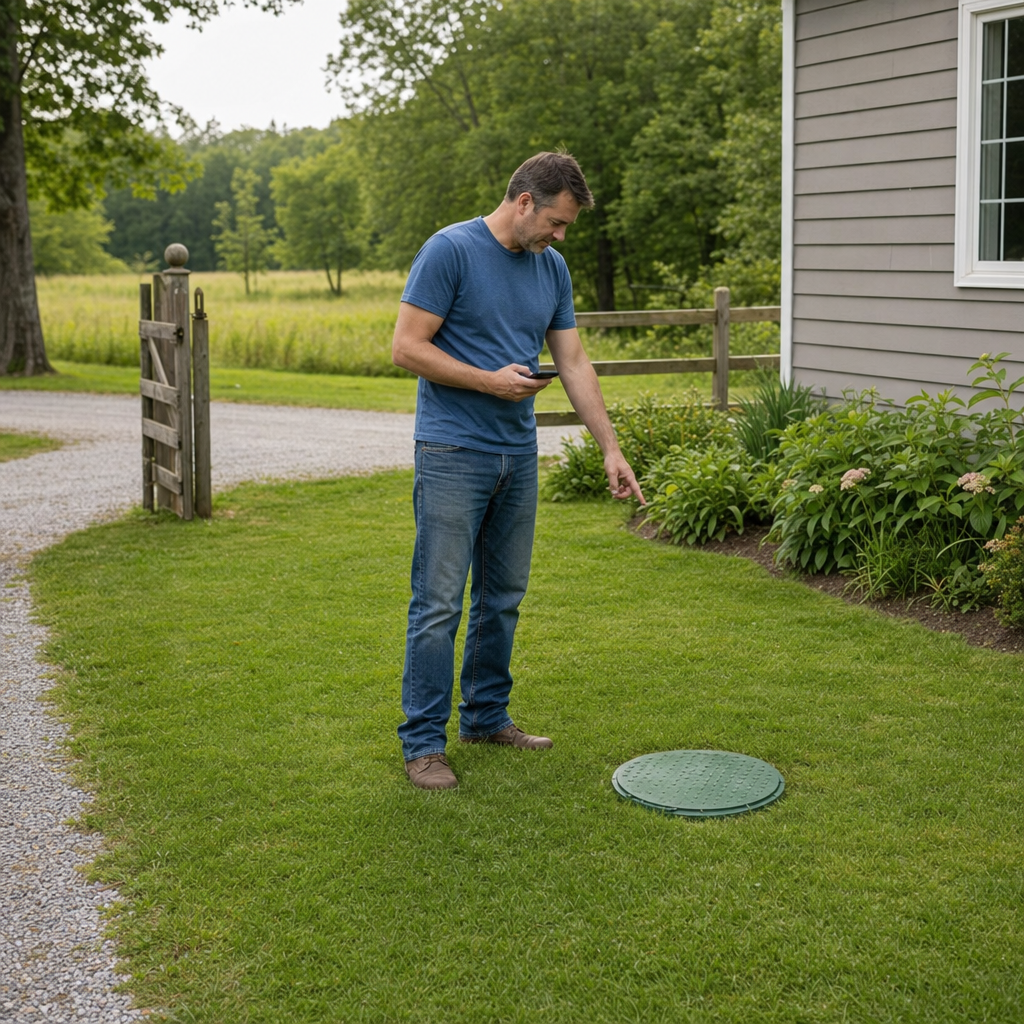 A New Brunswick-area homeowner standing in the backyard noting where the septic tank lid and access route are located
