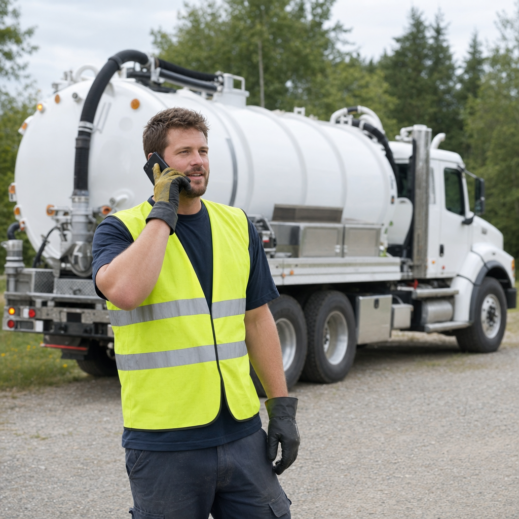 A friendly septic dispatcher holding a phone, ready to answer a New Brunswick homeowner's call about a pump-out