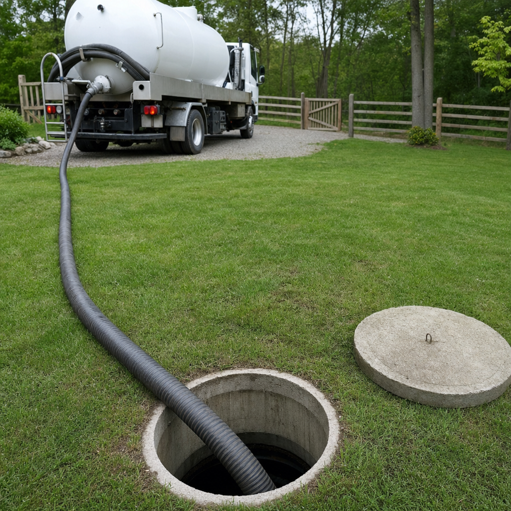 Suction hose connected to an open septic tank, drawing it down in a tidy New Brunswick yard