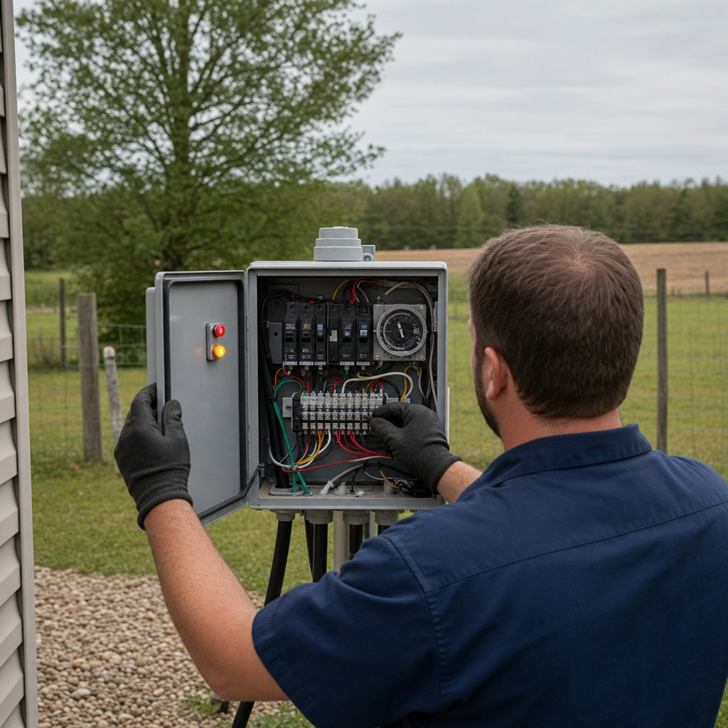 Technician checking an aerobic septic control box with a lit red high-water alarm during a same-day New Brunswick visit