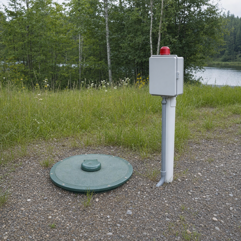 A wastewater holding tank access lid set in the ground at a rural New Brunswick-area cabin, with a mounted high-level float alarm panel nearby