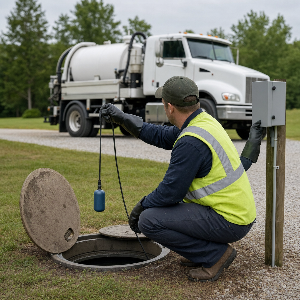A septic technician in a high-visibility vest checking a high-level float switch and alarm panel on a holding tank at a rural New Brunswick-area site