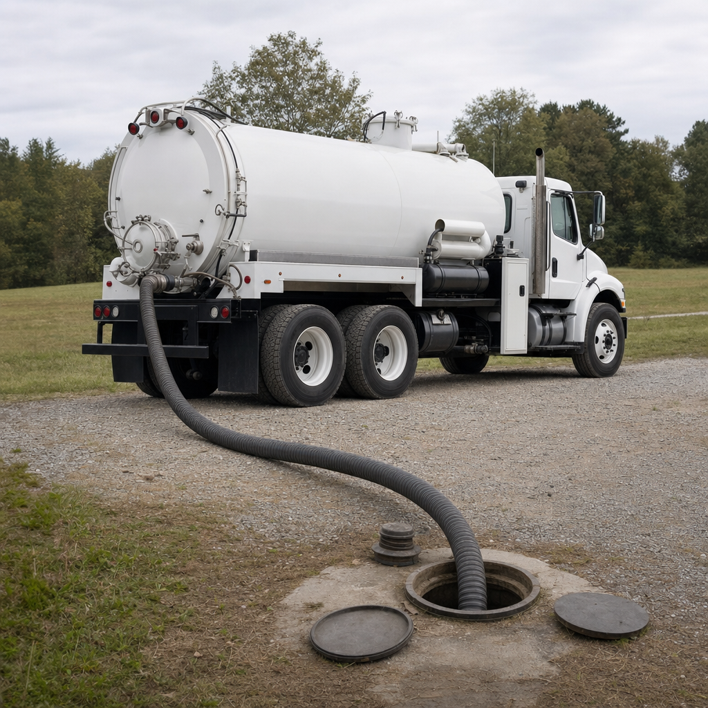 An unmarked white vacuum truck emptying a wastewater holding tank on a scheduled visit at a rural New Brunswick-area property, thick suction hose running to the tank lid