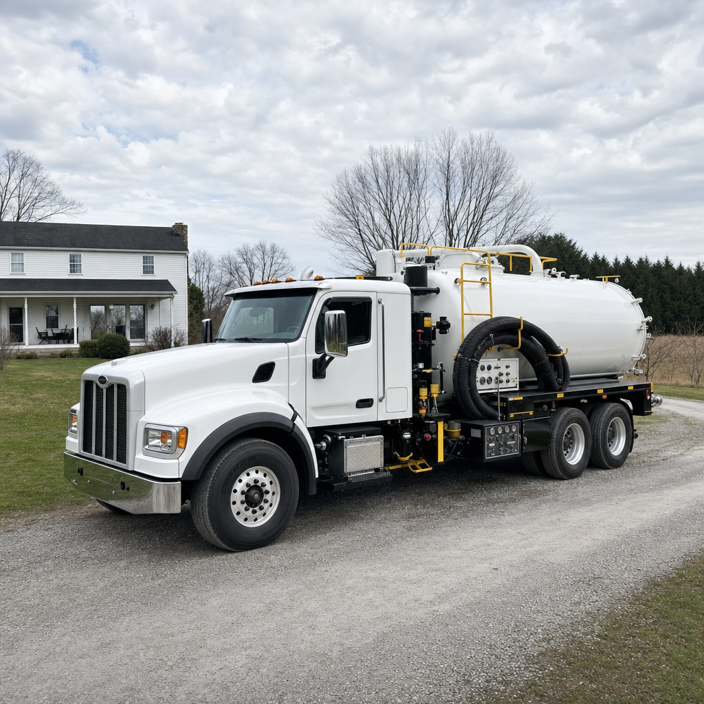 A clean white septic vacuum truck parked on a tidy New Brunswick driveway with the suction hose neatly coiled