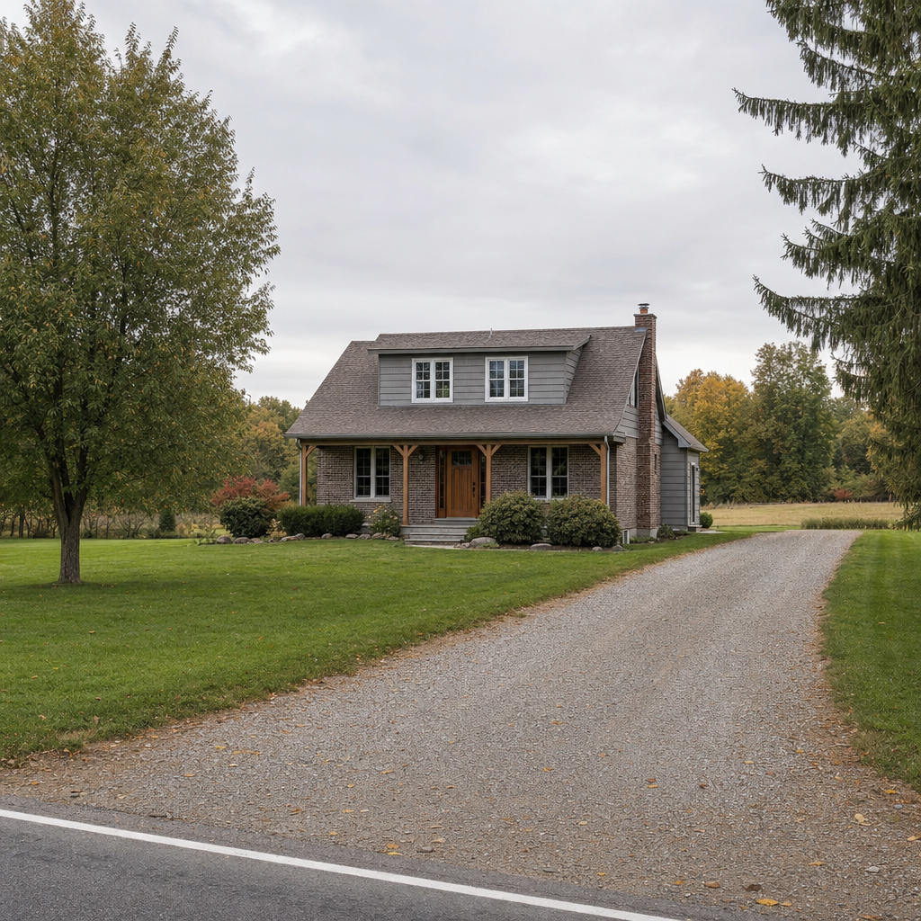A calm single-family home exterior on a quiet New Brunswick street, representing the household size and daily water use that decides how often a septic tank needs pumping
