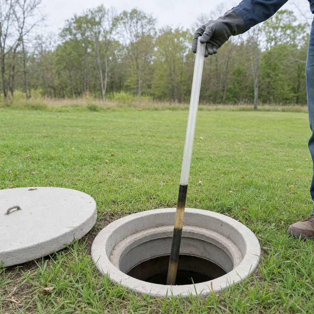 A septic sludge-judge measuring stick lowered into an open New Brunswick septic tank to read the depth of the sludge and scum layers before deciding whether a pump-out is due