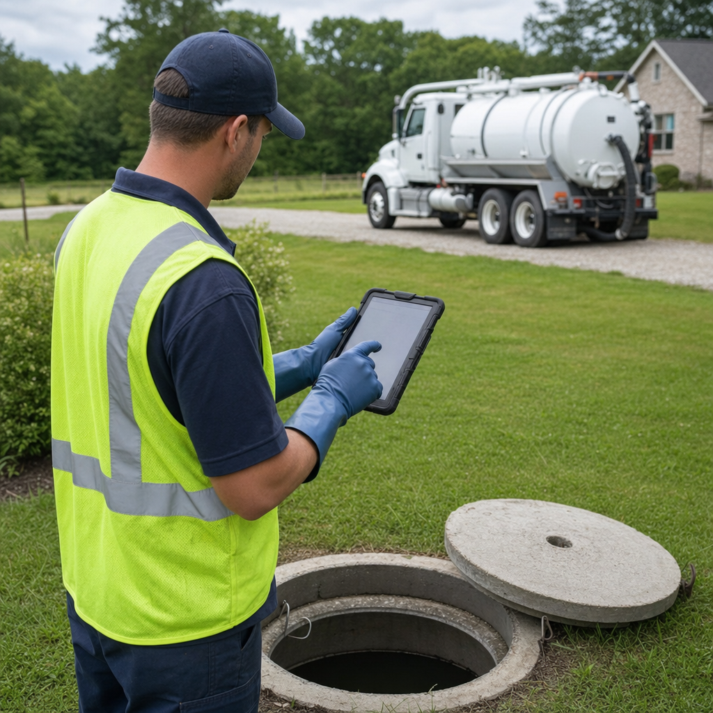 A septic technician recording a New Brunswick home's pump-out date and tank condition on a tablet beside an open access lid, tracking the service history that sets the next due date