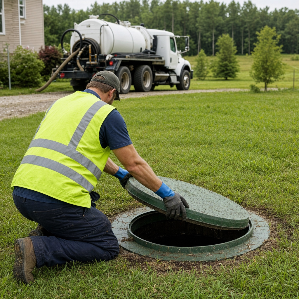 Septic technician kneeling on a New Brunswick lawn, lifting the access lid on a residential septic tank