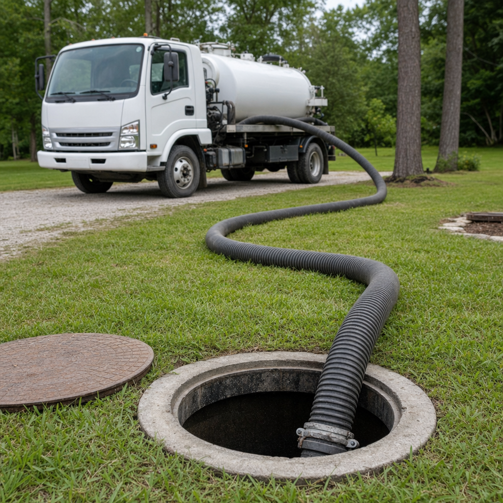 Thick ribbed suction hose lowered into a clean open septic tank port on a tidy New Brunswick backyard lawn