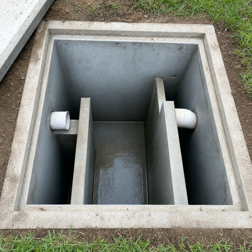 Inspection of the concrete baffles inside an open, emptied and freshly cleaned New Brunswick septic tank