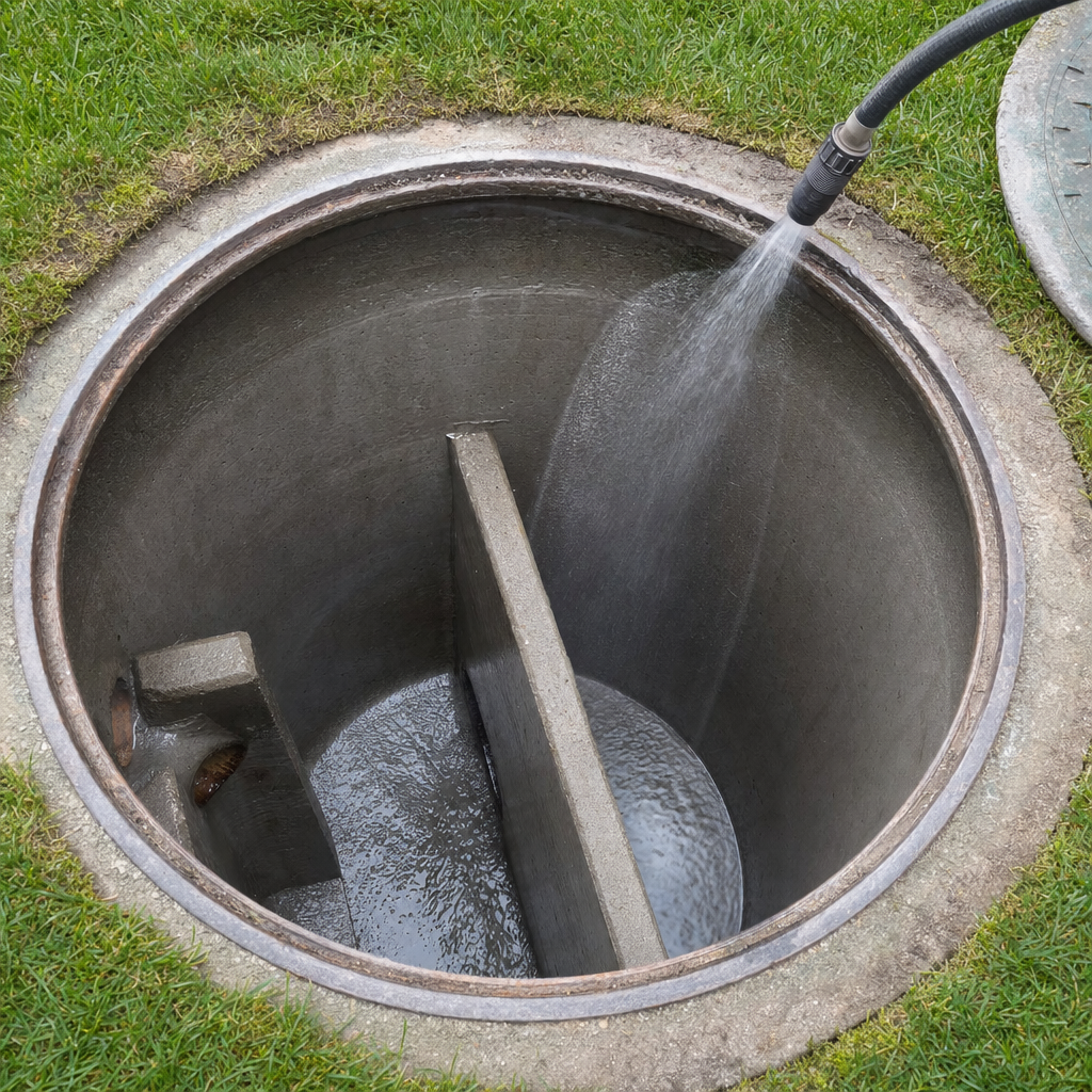 Interior concrete walls of an emptied New Brunswick septic tank being rinsed clean with the truck's onboard water hose