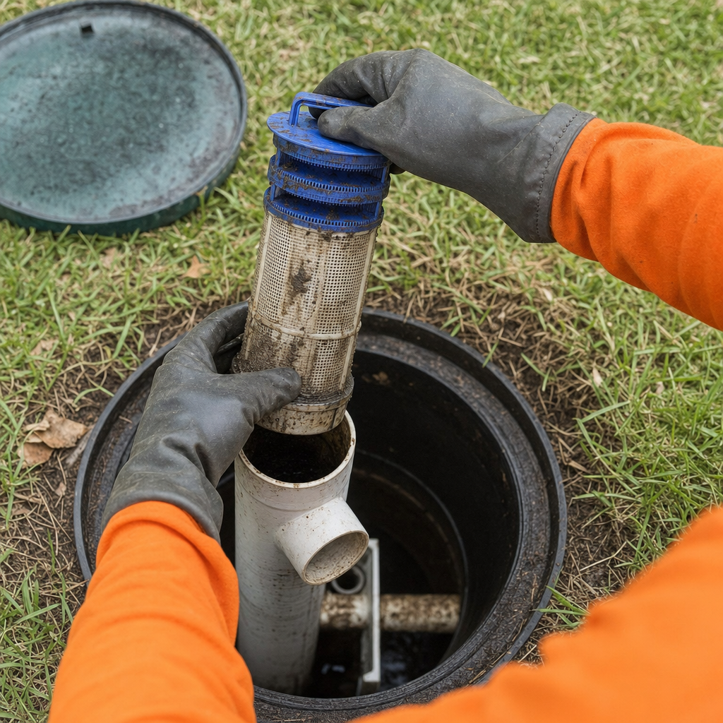 Septic technician's gloved hands lifting the effluent filter cartridge out of the outlet housing on a New Brunswick septic tank