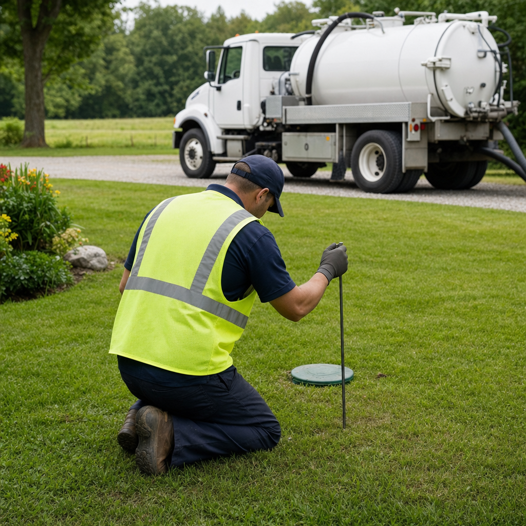 Septic technician kneeling on a New Brunswick lawn, probing to locate and measure the depth of a buried septic tank lid before pumping