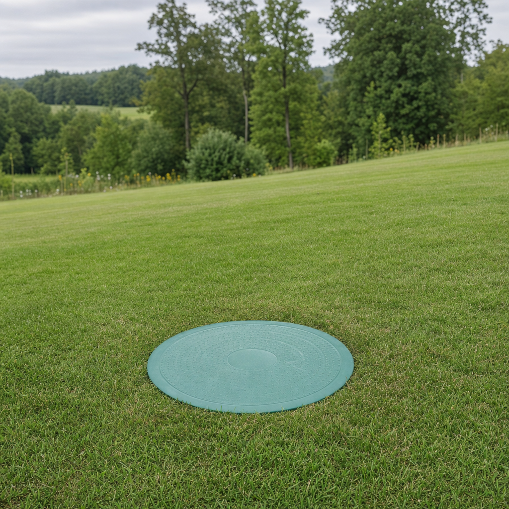 A newly installed septic riser bringing the tank lid up flush to grade in a New Brunswick yard for easy future access