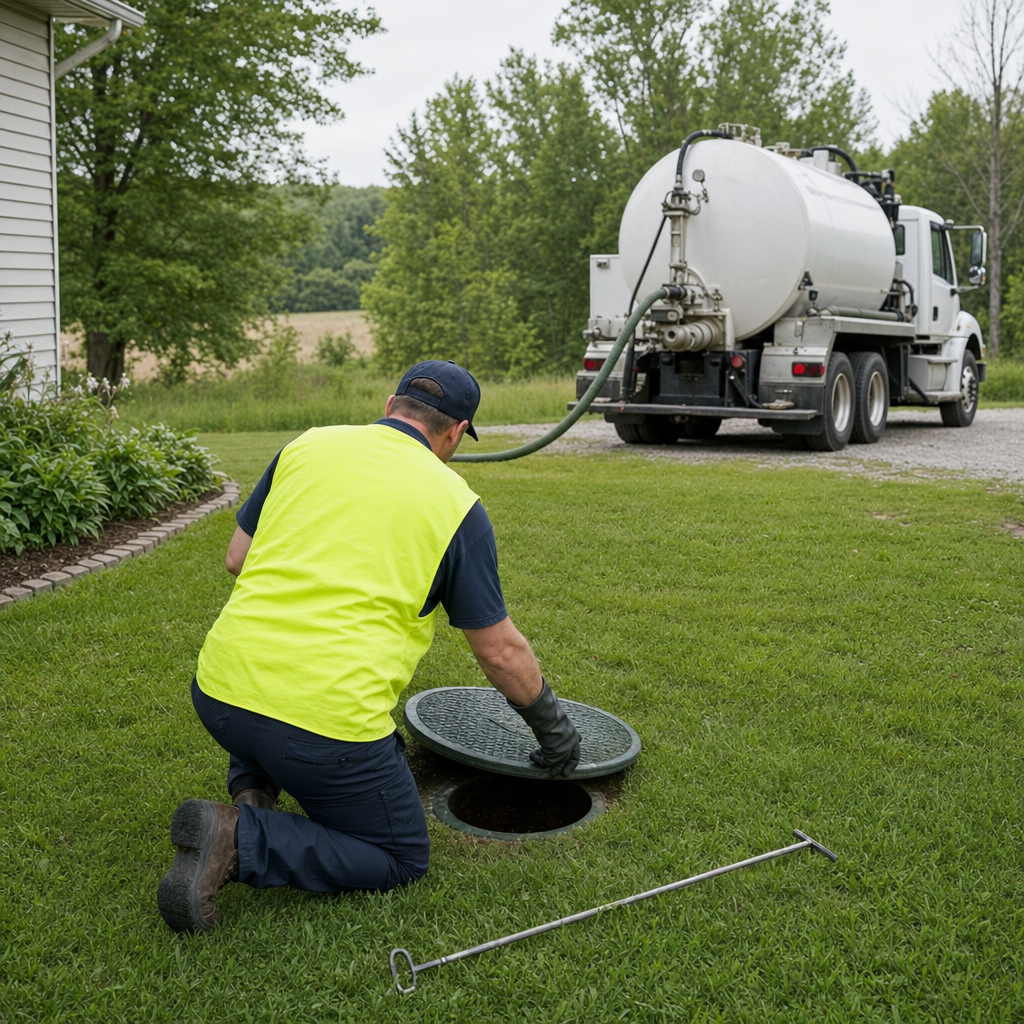Septic technician kneeling on a New Brunswick lawn, lifting the buried access lid on a residential septic tank