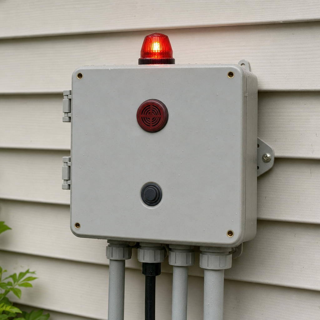 An aerobic septic system control panel mounted outside a New Brunswick home with its red high-water alarm light lit