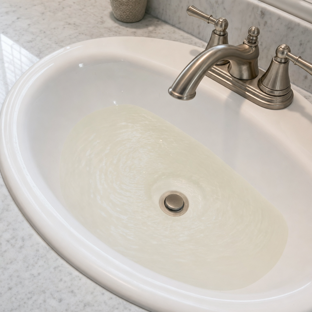 A bathroom sink draining slowly with water pooled in the basin, an early warning sign that a New Brunswick septic tank is full